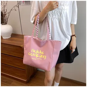 Pink nylon tote bag large capacity casual shoulder bag sweet style daily handbag for women