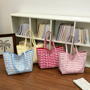 Women Nylon Tote Bag Large Capacity Casual Shoulder Bag Plaid Print Aesthetic Daily Handbag Sweet Korean Style Reversible Bag