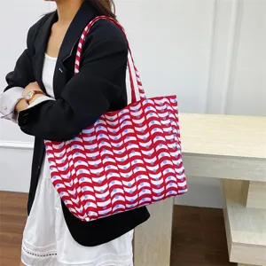 Korean style large nylon tote bag for women with chic red white wave blue dot printed design.