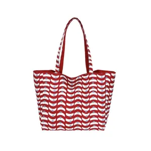 Stylish red and white wavy pattern tote bag with large capacity, perfect for daily casual wear.