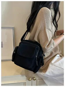 Sac à bandoulière noir style coréen multi-poches sac d'épaule décontracté léger quotidien