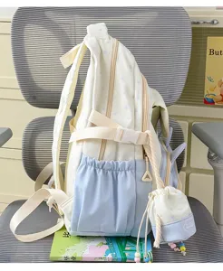 Detailansicht des niedlichen Pastell-Studentenrucksacks mit Sternenmuster und passender Tasche.