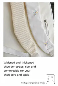 Detailed view of school backpack shoulder strap with cute bow embroidery and breathable mesh.