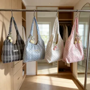 Women Canvas Tote Bag Large Capacity Casual Shoulder Bag Cute Polka Dot Print Underarm Handbag With Flower Pendant