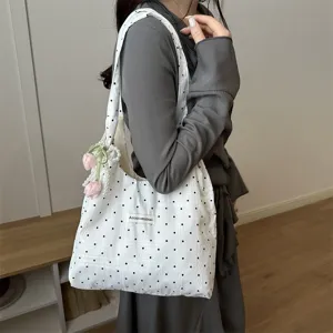 Summer polka dot canvas tote bag, large capacity shoulder handbag with cute flower decor.