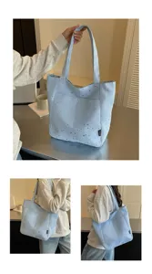 Light blue star print canvas tote bag, stylish casual daily large capacity shoulder bag.
