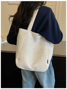 Korean style minimalist shoulder tote bag with cute silver stars pattern, large capacity.