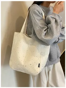 Korean style canvas tote bag with silver star print, casual large capacity shoulder bag for women.