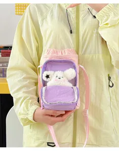 Pink purple mini crossbody water bottle bag with cute plush toy pocket for outdoor daily use