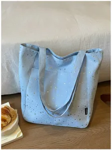Light blue canvas tote bag with silver stars pattern casual large capacity daily handbag for women