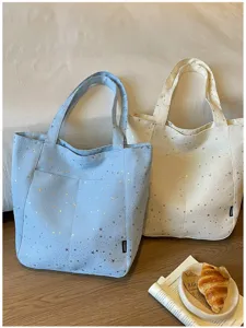 Korean style star pattern tote bag detail, casual large capacity PU shoulder handbag.