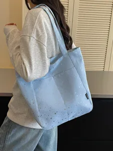 Chic light blue star print tote shoulder bag, stylish casual everyday large capacity handbag.