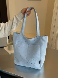 Korean style light blue star print canvas tote bag, large capacity daily shoulder handbag.
