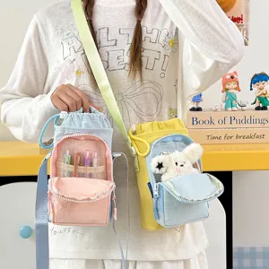 Cute canvas water bottle sling bag with front pocket for daily outdoor use and travel.