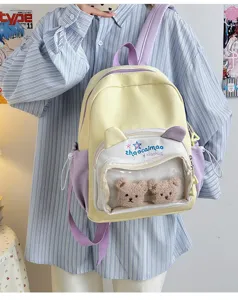 Detalle de la mochila bonita con orejas de oso y bolsillo transparente en suaves tonos pastel.