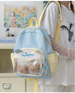 Detalle de la mochila bonita con bolsillo transparente y ositos de peluche en tonos pastel.