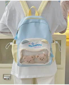 Mochila escolar bonita con bolsillo transparente y ositos de felpa azul claro