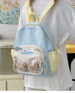 Mochila transparente bonita para niñas, bolso escolar azul claro con encantadores ositos de peluche.