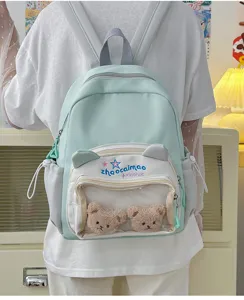Lindo mochila verde menta con ventana transparente y ositos de peluche para estudiantes.