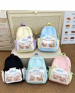 Mochila bonita con bolsillo transparente y muñecos de oso, bolso escolar colorido para niñas.