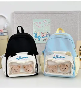 Detalles de mochila linda y estética con bolsillo frontal transparente y osos de peluche.