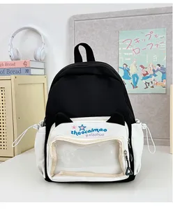 Mochila linda en blanco y negro con bolsillo transparente y orejas de gato para estudiantes.