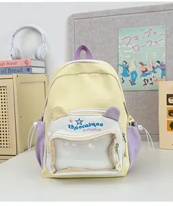 Mochila bonita amarilla y morada con ventana transparente y orejas de oso para la escuela.