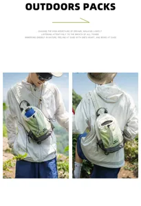 Detail view of lightweight waterproof outdoor chest bag, sling backpack with multiple pockets.