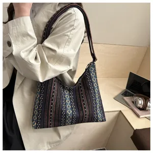 Close-up of ethnic geometric pattern fabric shoulder underarm bag everyday scene