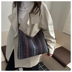 Detail shot of a vintage ethnic style woven shoulder bag with geometric patterns for women daily wear.