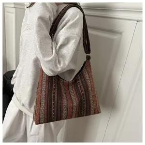 Woven shoulder bag for women, ethnic style underarm handbag, vintage geometric pattern tote.