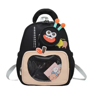 Cute cartoon kids backpack for kindergarten boys and girls with caterpillar design and clear pocket.