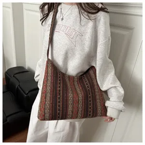 Ethnic style woven shoulder bag with retro geometric pattern for women daily use