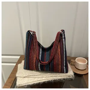 Women ethnic woven shoulder bag retro striped crossbody bag casual tote handbag style