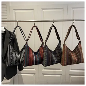 Ethnic style woven shoulder bag for women, retro geometric pattern underarm handbag casual