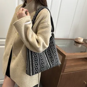 Ethnic style women shoulder underarm bag black white geometric pattern large capacity chic main view