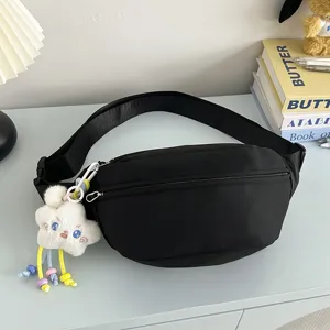 Black minimalist casual nylon fanny pack stylish chest bag with cute cloud keychain main view