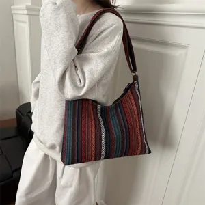 Ethnic style woven shoulder bag for women, large capacity casual underarm crossbody bag.