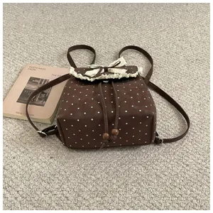 Brown polka dot mini backpack for women, cute lace trim bow design retro casual korean style bag.