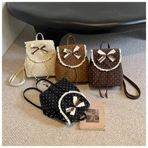 Chic polka dot lace bow women backpack, sweet retro style casual mini daypack for girls.