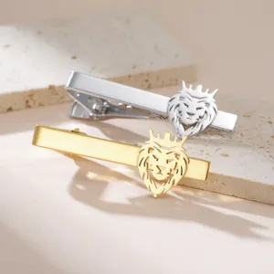Pasador de corbata de acero inoxidable, diseño de cabeza de león coronada dorada y plateada hombre.