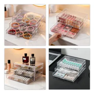 Organisateur de bureau en acrylique transparent à 3 tiroirs pour maquillage et papeterie.