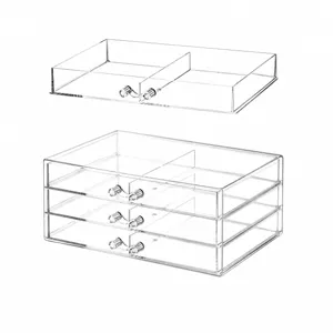 Boîte de rangement de maquillage en acrylique transparent 3 couches 6 grilles détails.