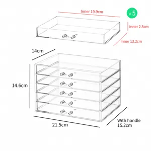 Organisateur de maquillage de bureau à 5 tiroirs en acrylique transparent avec poignées.