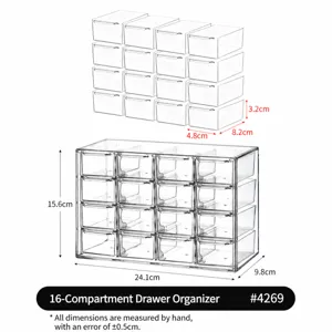 Organisateur de tiroir de maquillage en acrylique transparent 16 grilles pour cosmétiques.