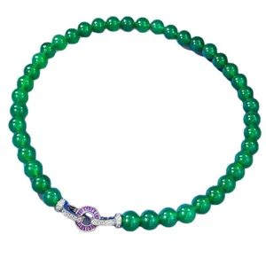 Green agate beaded necklace with S925 silver diamond clasp for women elegant fashion jewelry.