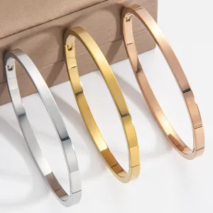 Minimalist Smooth Surface Bangle Bracelet Stainless Steel 18K Gold Plated Hinge Clasp Polished For Women Men