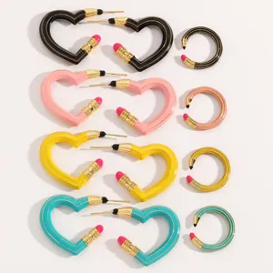 Kreative Bleistift Herz und Reif Ohrringe Set, bunte Emaille Mode Schmuck fur Damen.