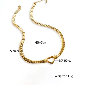 Gold plated titanium steel Cuban chain necklace with hollow heart pendant, flat snake chain.