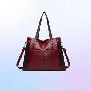 Women Large Capacity Tote Bag Contrast Color PU Leather Shoulder Handbag With Detachable Crossbody Strap Casual Fashion